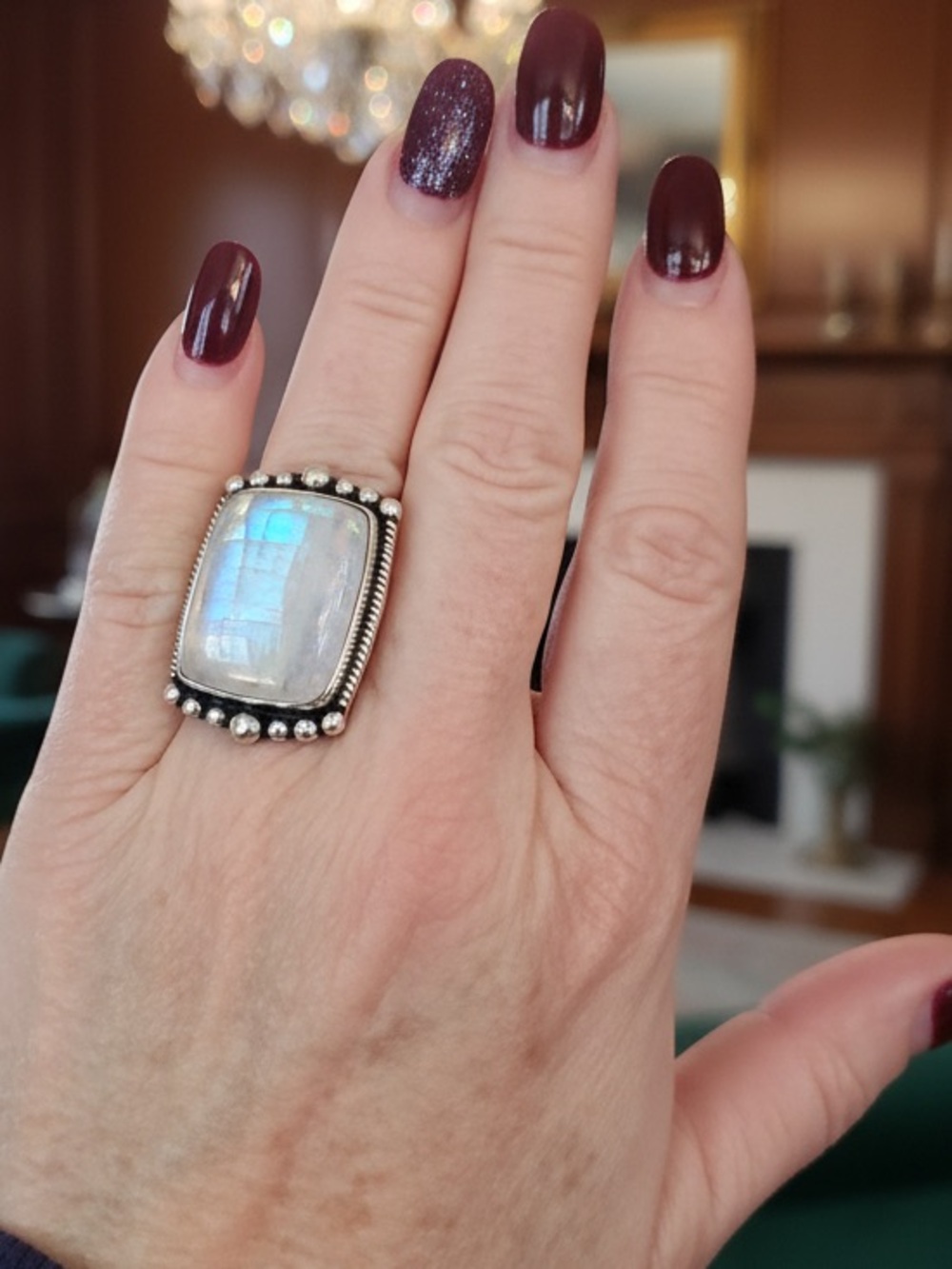 Sterling Silver Genuine Moonstone Statement Ring-White Blue Iridescent. Stunning